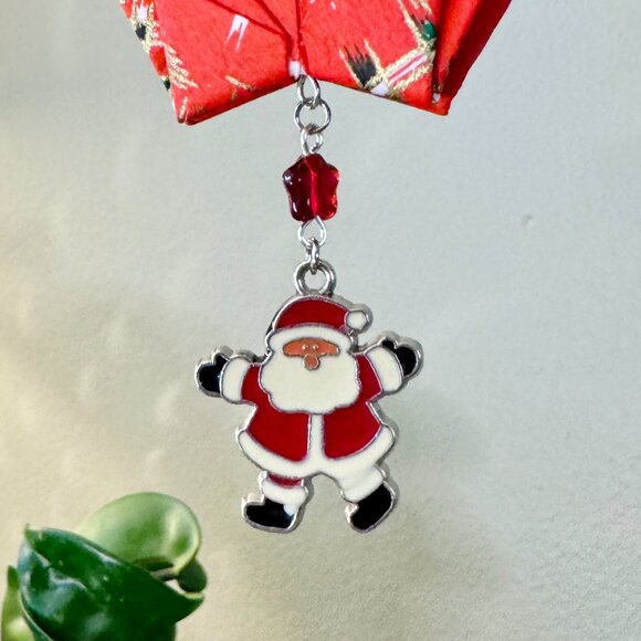 Origami Holiday Ornament #2330 - Large Crane with Handmade Paper & Enamel Santa - Picture 5 of 7